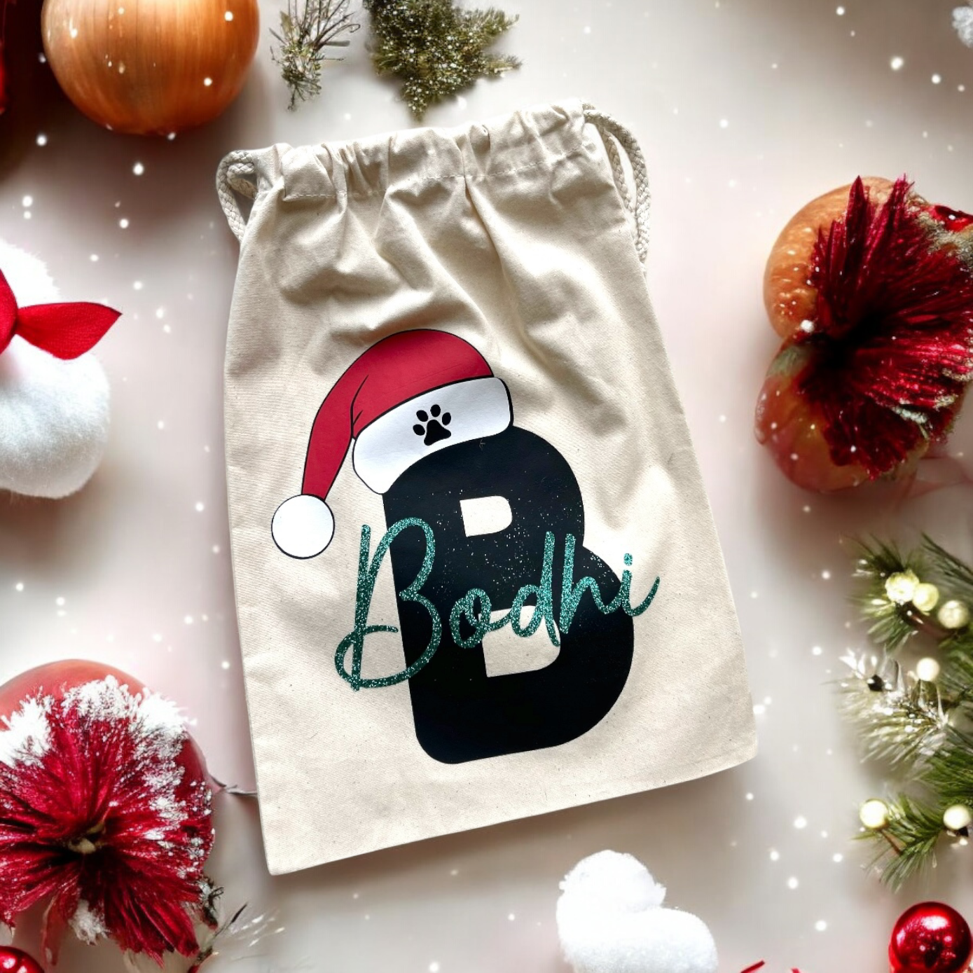 PERSONALISED SANTA HAT NAME & INITIAL MINI SACK / GIFT BAG FOR DOGS / CATS