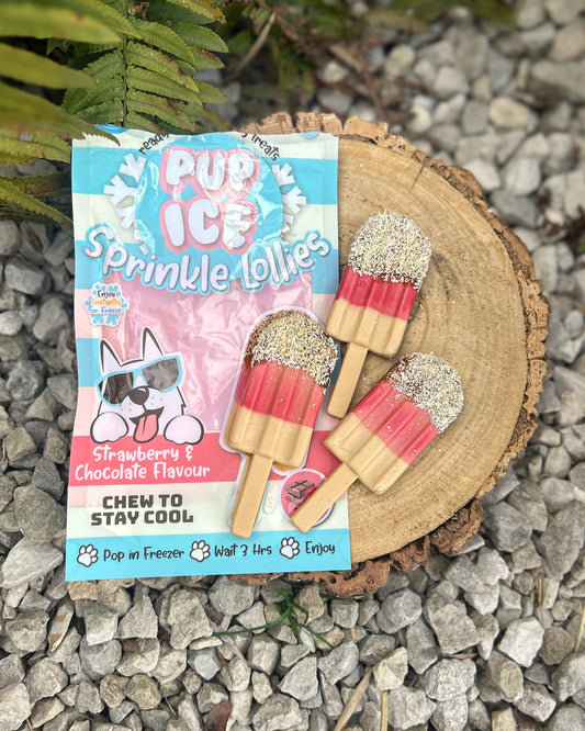 PUP ICE STRAWBERRY &  CHOCOLATE SPRINKLE “FAB” LOLLIES (3  LOLLY PK - CONTAINS CHICKEN)